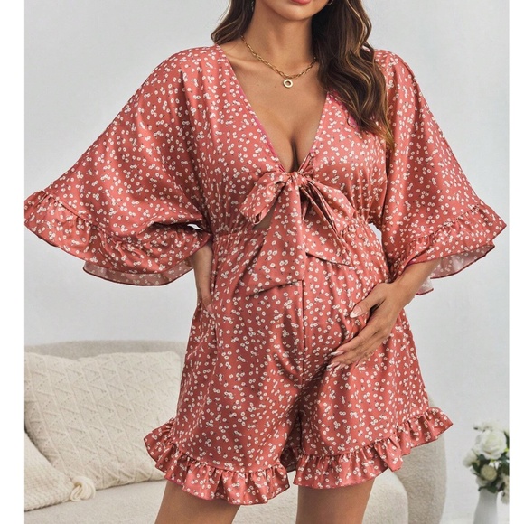 Boho Floral Print Tie Front Ruffle Hem Short Sleeve Romper - Picture 2 of 10